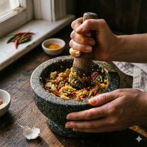 Mortier en pierre avec gingembre frais, piments oiseau et ail écrasés