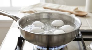 Œufs durs en train de cuire dans une casserole d'eau frémissante