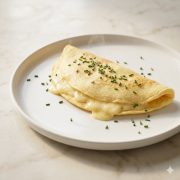 Omelette au fromage baveuse repliée sur assiette blanche avec ciboulette ciselée