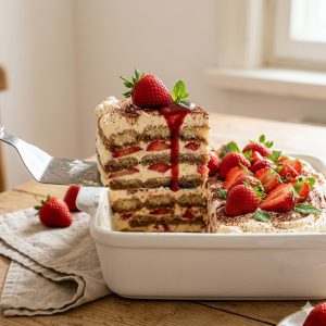 Part de tiramisu aux fraises aux couches bien nettes, servie à la spatule