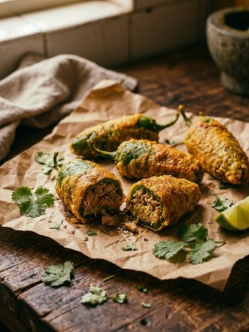 Piments farcis au thon réunionnais croustillants coupés en deux, farce thon-épices visible, recette 974