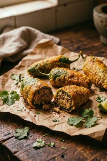 Piments farcis au thon réunionnais croustillants coupés en deux, farce thon-épices visible, recette 974