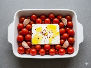 Plat à gratin cru avec bloc de feta entier et tomates cerises avant cuisson au four