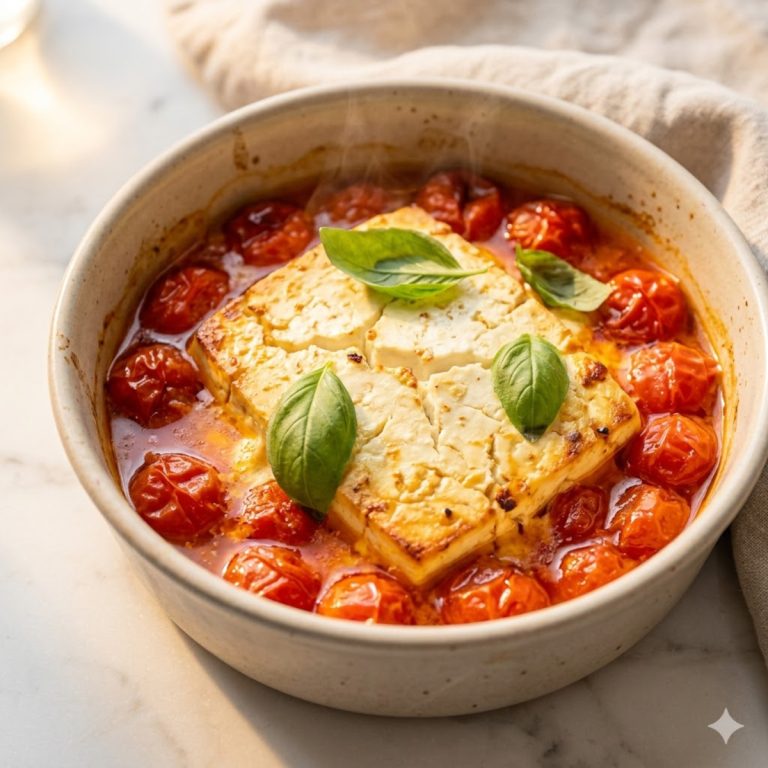 Plat de pâtes à la feta au four avec tomates cerises éclatées et basilic frais