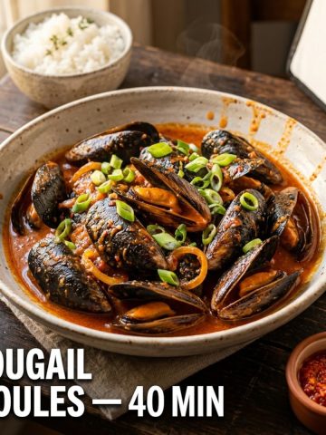 Plat de rougail moules en céramique, sauce rouge-orangée, oignons verts