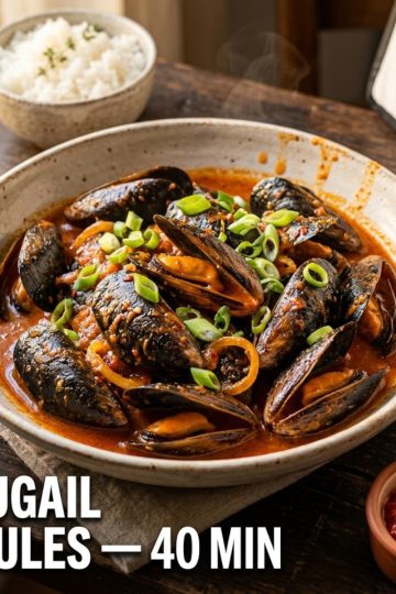 Plat de rougail moules en céramique, sauce rouge-orangée, oignons verts