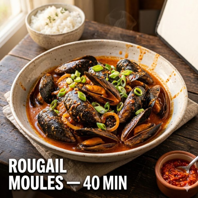 Plat de rougail moules en céramique, sauce rouge-orangée, oignons verts