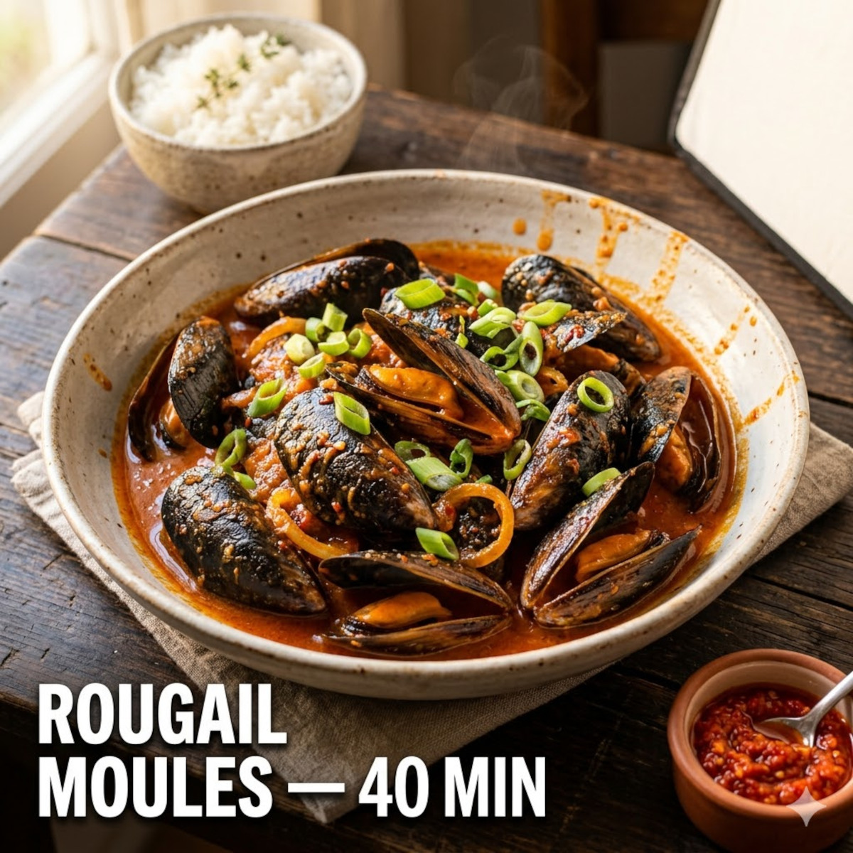 Plat de rougail moules en céramique, sauce rouge-orangée, oignons verts