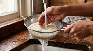 Rinçage du riz basmati cru trois fois à l'eau froide dans une passoire fine