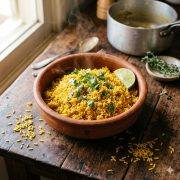Riz jaune créole au curcuma dans un bol en terre cuite, garni de coriandre fraîche