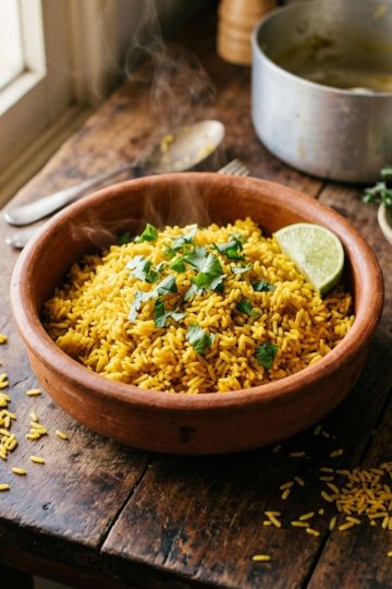 Riz jaune créole au curcuma dans un bol en terre cuite, garni de coriandre fraîche