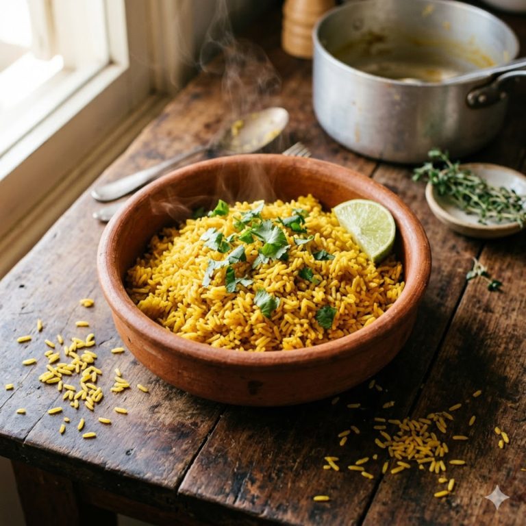 Riz jaune créole au curcuma dans un bol en terre cuite, garni de coriandre fraîche