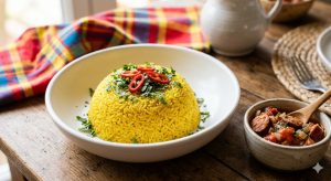 Riz jaune créole dressé en dôme avec coriandre et piment, servi avec rougail saucisse
