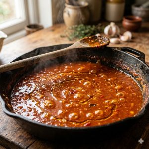 Sauce tomate-curcuma mijotant dans une sauteuse, cuillère en bois