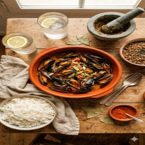 Table créole dressée vue de dessus, rougail moules, riz, mortier, serviette lin
