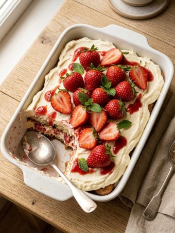 Tiramisu aux fraises sans café dans un plat blanc, décoré de fraises fraîches et feuilles de menthe