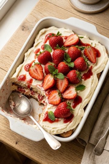 Tiramisu aux fraises sans café dans un plat blanc, décoré de fraises fraîches et feuilles de menthe