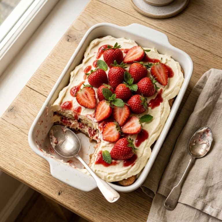 Tiramisu aux fraises sans café dans un plat blanc, décoré de fraises fraîches et feuilles de menthe