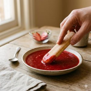 Trempage des biscuits à la cuillère dans le coulis de fraises pendant 2 secondes maximum