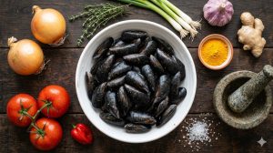 Vue de dessus des ingrédients du rougail moules sur fond bois foncé