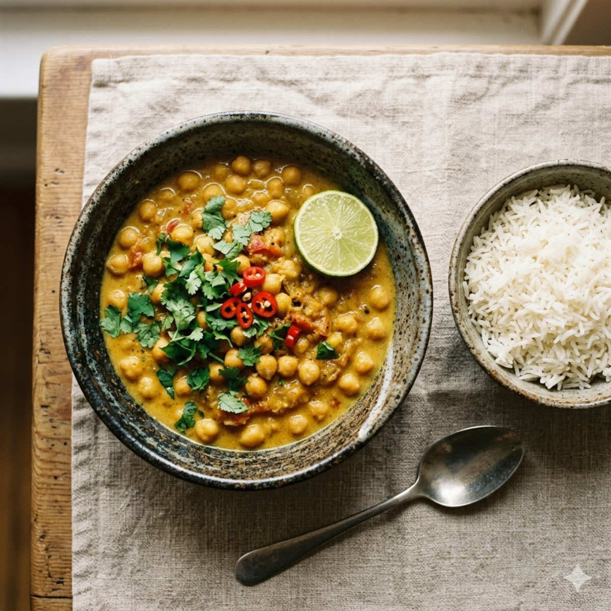 Curry de pois chiches express au lait de coco, servi dans un bol en céramique avec riz basmati et coriandre fraîche