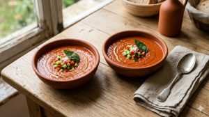 Deux bols de gaspacho andalou dressés avec garniture de légumes en dés, filet d'huile d'olive et fleur de sel, servis sur table en bois clair