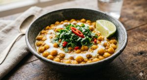 Dressage du curry de pois chiches en bol : filet de lait de coco, coriandre ciselée et quartier de citron vert