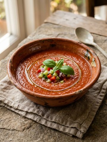 Gaspacho andalou maison servi dans un bol en terre cuite, filet d'huile d'olive et basilic frais, lumière naturelle estivale
