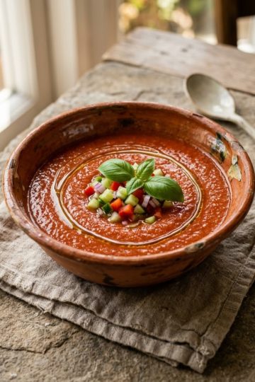 Gaspacho andalou maison servi dans un bol en terre cuite, filet d'huile d'olive et basilic frais, lumière naturelle estivale
