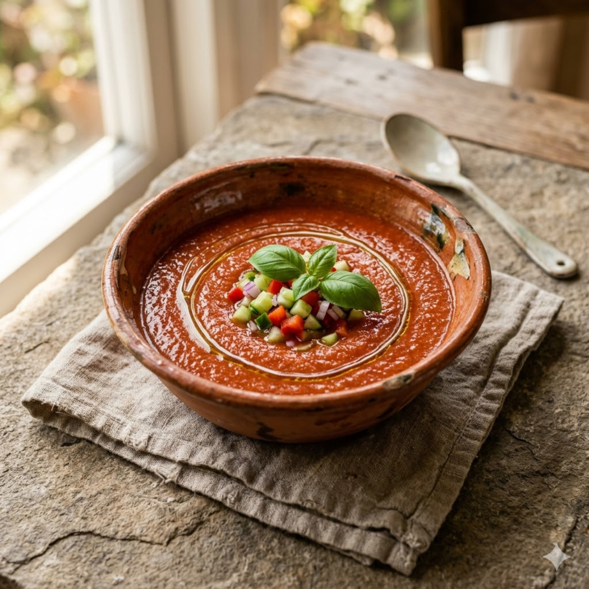 Gaspacho andalou maison servi dans un bol en terre cuite, filet d'huile d'olive et basilic frais, lumière naturelle estivale