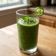 Gaspacho courgette vert crémeux servi dans un verre avec menthe fraîche et filet d'huile d'olive