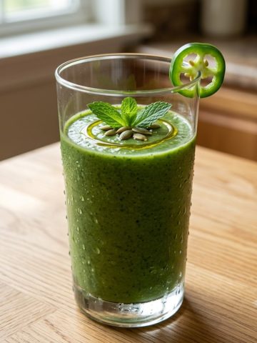 Gaspacho courgette vert crémeux servi dans un verre avec menthe fraîche et filet d'huile d'olive