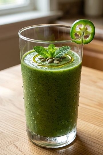 Gaspacho courgette vert crémeux servi dans un verre avec menthe fraîche et filet d'huile d'olive