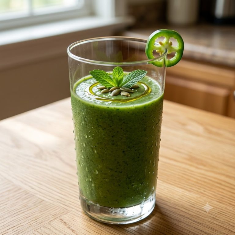 Gaspacho courgette vert crémeux servi dans un verre avec menthe fraîche et filet d'huile d'olive