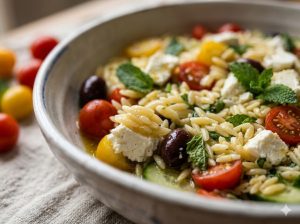 Gros plan sur l'orzo luisant de vinaigrette citronnée, avec feta émiettée, tomates cerises et olives noires