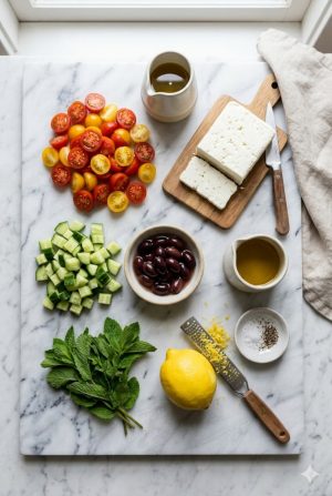 Ingrédients de la salade orzo prêts à assembler : tomates cerises, feta, concombre, olives, menthe et huile d'olive