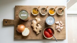 Ingrédients du curry de pois chiches express : boîte de pois chiches, lait de coco, épices, tomates concassées, ail et gingembre