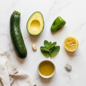 Ingrédients du gaspacho de courgette : courgette, avocat, menthe, piment végétarien réunionnais, citron et huile d'olive