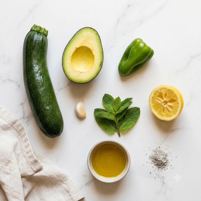 Ingrédients du gaspacho de courgette : courgette, avocat, menthe, piment végétarien réunionnais, citron et huile d'olive