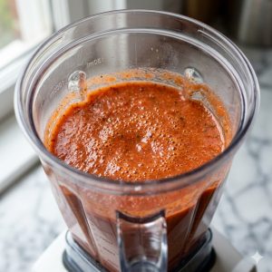 Légumes rouges et orangés en cours de mixage dans un blender, texture lisse et veloutée du gaspacho en formation