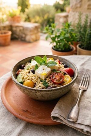 Portion individuelle de salade de pâtes orzo feta dans un bol céramique, repas léger d'été économique et rapide