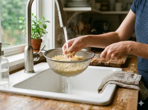 Rinçage de l'orzo cuit dans une passoire fine sous l'eau froide — étape clé pour une salade de pâtes réussie