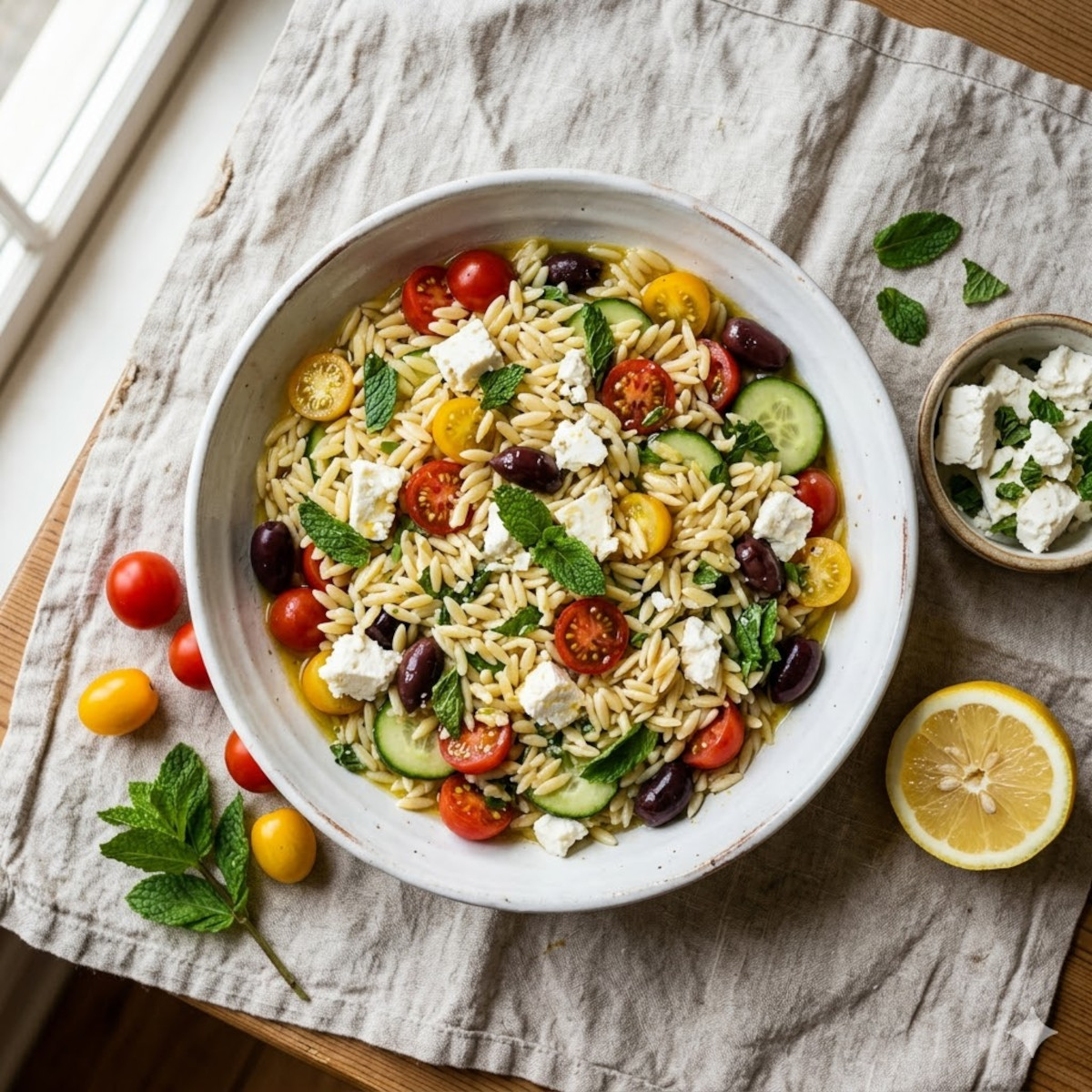 Salade de pâtes orzo feta tomates cerises dans un grand bol blanc, vinaigrette citronnée, menthe fraîche, vue du dessus