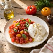 Tartare de tomates fraîches et burrata crémeuse, huile d'olive et basilic, servi sur une assiette en céramique blanche