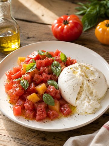 Tartare de tomates fraîches et burrata crémeuse, huile d'olive et basilic, servi sur une assiette en céramique blanche