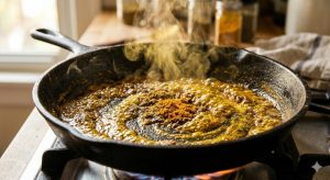 Torréfaction des épices à curry, cumin et curcuma dans l'huile chaude — étape clé du curry de pois chiches express