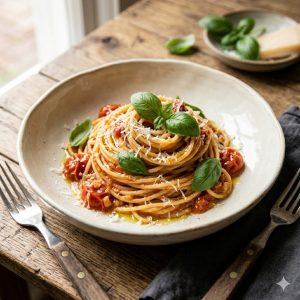 assiette creuse de one pot pasta tomate basilic dressée en nid, huile d'olive, feuilles de basilic entières