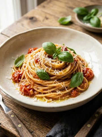 assiette creuse de one pot pasta tomate basilic dressée en nid, huile d'olive, feuilles de basilic entières
