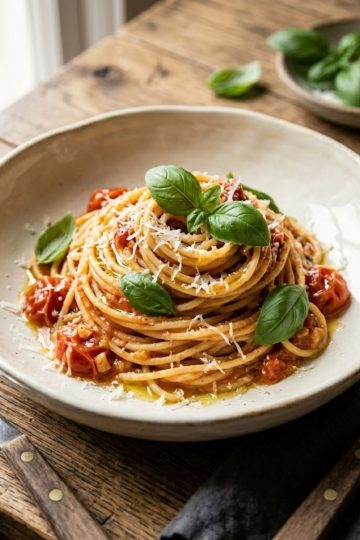 assiette creuse de one pot pasta tomate basilic dressée en nid, huile d'olive, feuilles de basilic entières