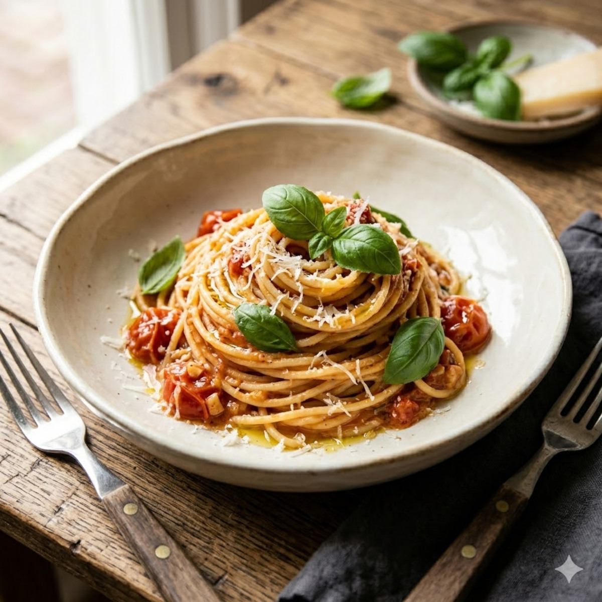 assiette creuse de one pot pasta tomate basilic dressée en nid, huile d'olive, feuilles de basilic entières